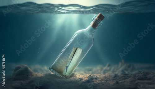 Message in a bottle resting on the sandy bottom of the sea photo