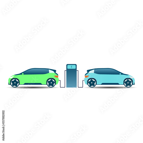 Flat vector illustration of electric car charging at the charger station. Electromobility e-motion concept.
