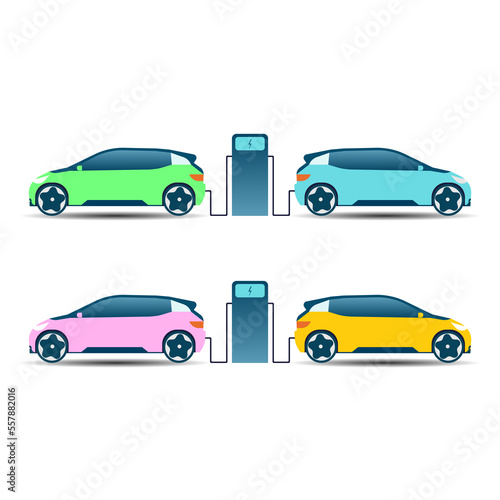 Flat vector illustration of electric car charging at the charger station. Electromobility e-motion concept. 