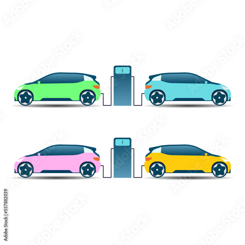 Flat vector illustration of electric car charging at the charger station. Electromobility e-motion concept.
