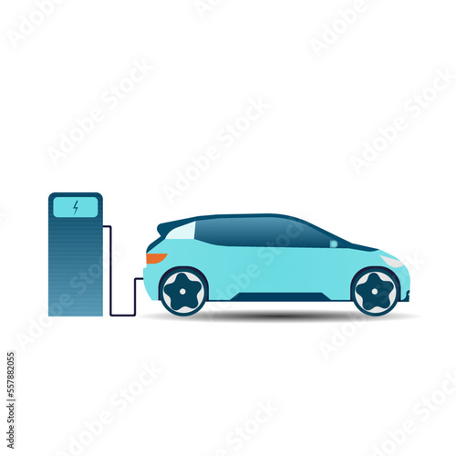 Flat vector illustration of electric car charging at the charger station. Electromobility e-motion concept.
