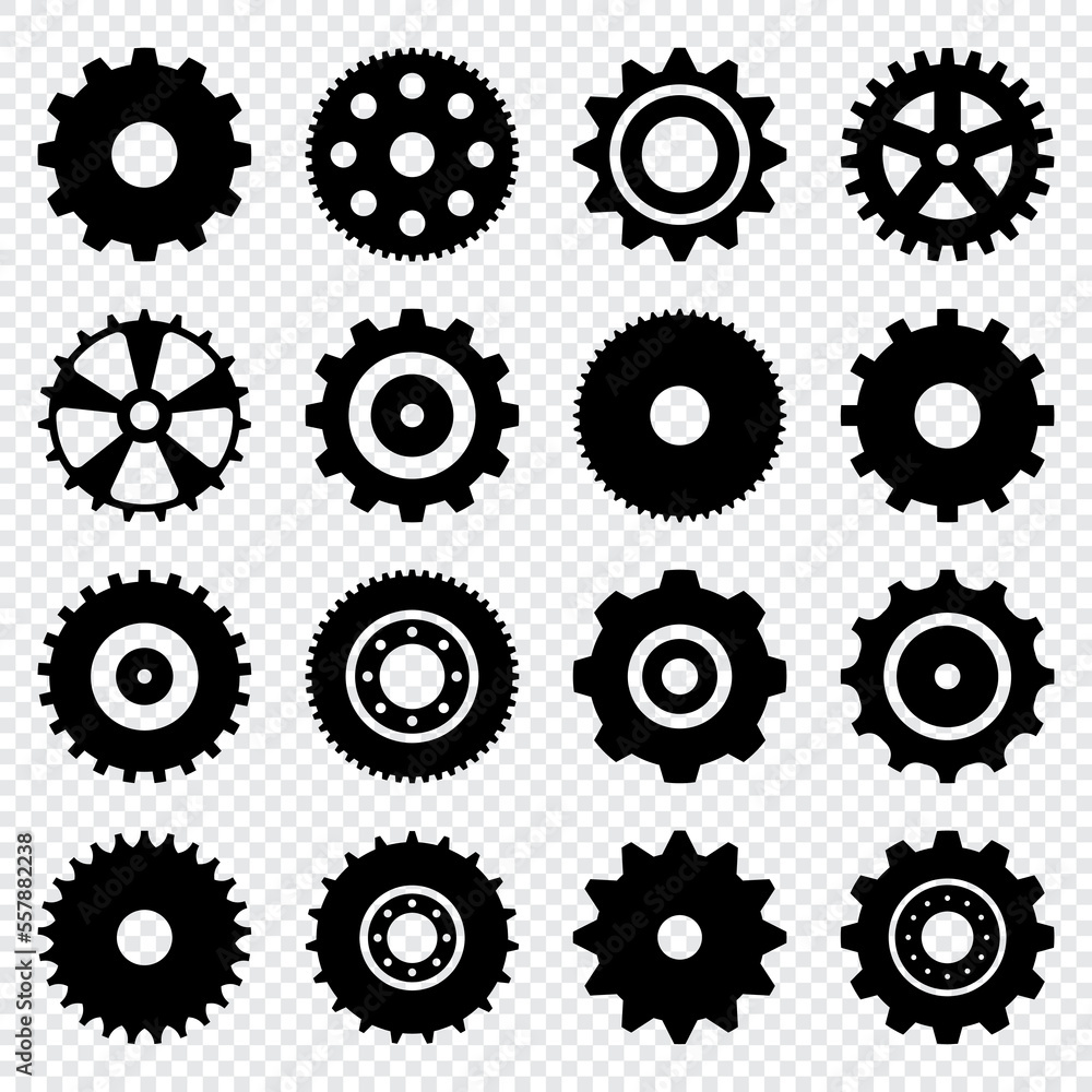 Gear setting vector icon set. Isolated black gears mechanism and cog wheel. Progress or construction concept. Simple Gear wheel collection. Vector illustration