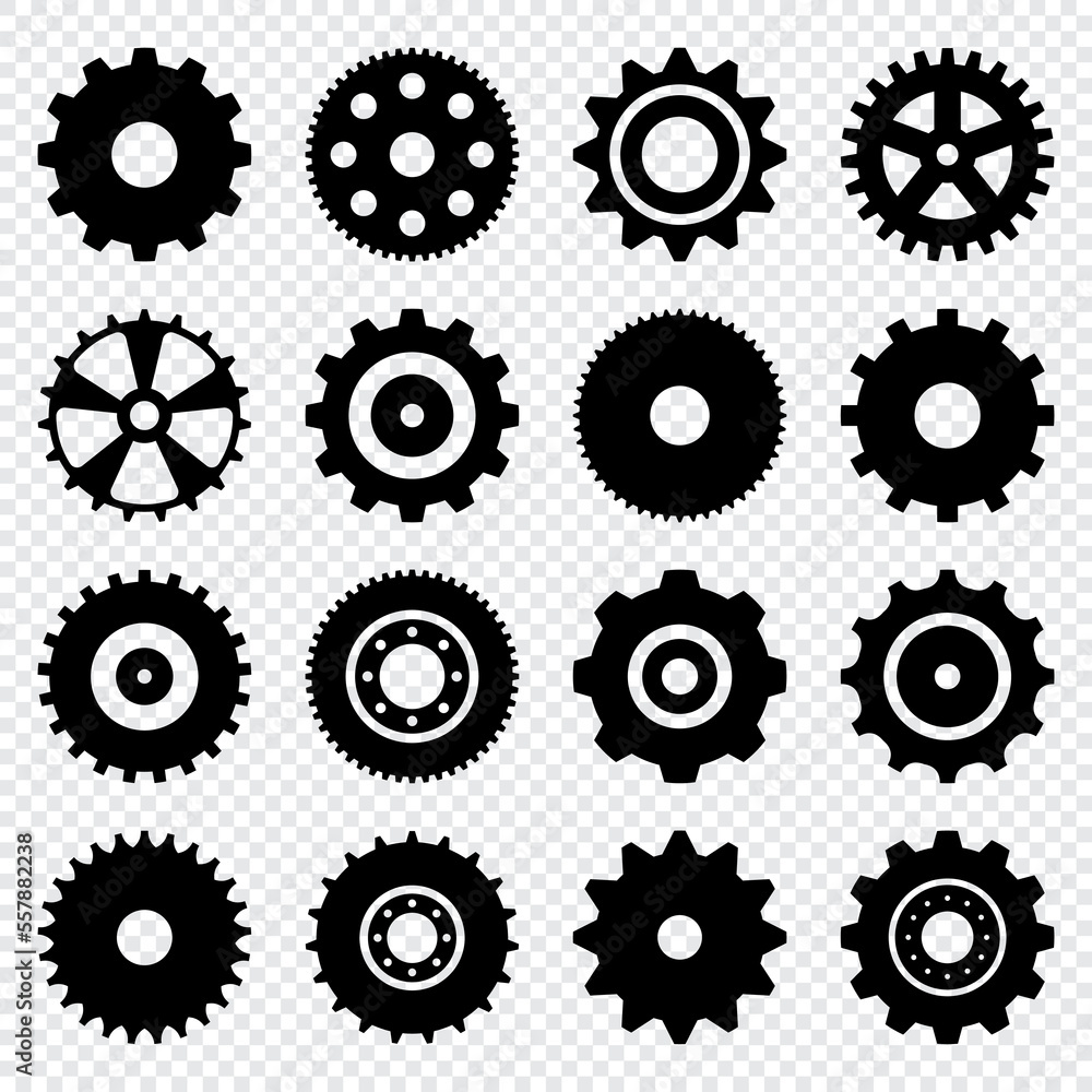 Gear setting vector icon set. Isolated black gears mechanism and cog wheel. Progress or construction concept. Simple Gear wheel collection. Vector illustration Gear setting vector icon set. Isolated black gears mechanism and cog wheel. Progress or construction concept. Simple Gear wheel collection. Vector illustration