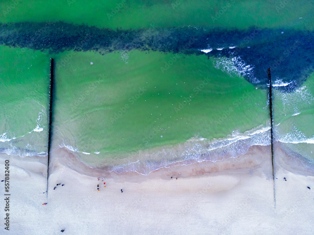 Snowy beach at Baltic sea in winter. Tourism in Poland. Aerial view of nature seashore and walking people.