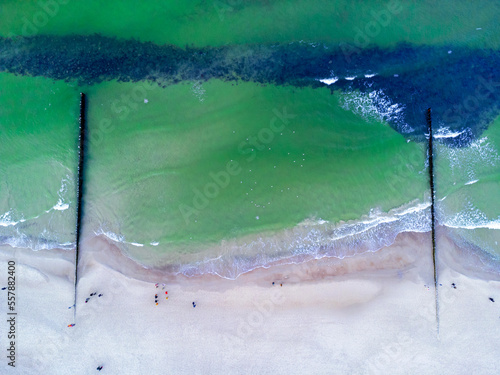 Snowy beach at Baltic sea in winter. Tourism in Poland. Aerial view of nature seashore and walking people.
