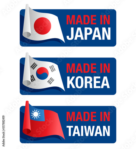 Made in Japan, Korea, Taiwan badges set