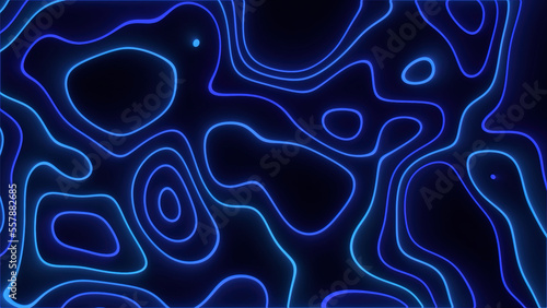3D Topographic map background concept. Technology background, topographical lines animating. Valleys, mountains, geography and wavy backdrop. Blue neon light curved line