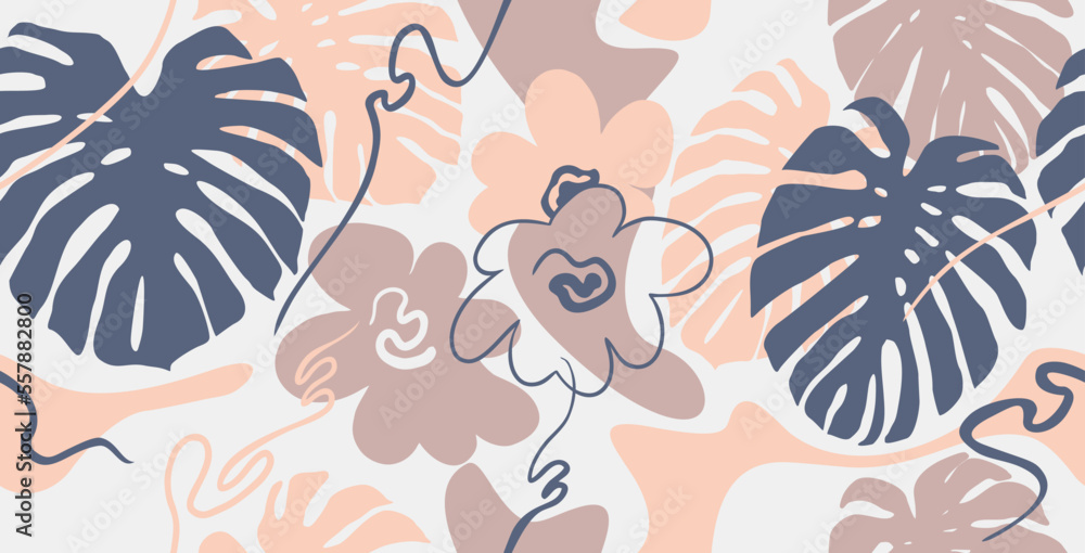 Seamless pattern - flowers and leaves of monstera
