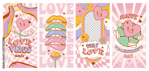 Valentine's Day in the groovy style of the 70s. Love vibes. Funny heart, lips, love in trendy retro psychedelic cartoon style. Template for the design of social networks.
