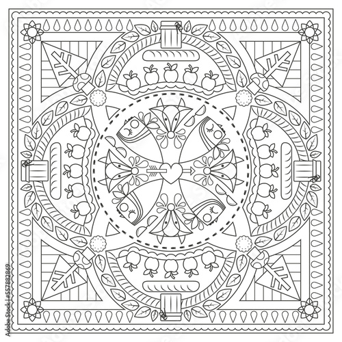 Vecteur coloriage noir et blanc, style mandala symétrie, thème petit chaperon rouge, red riding hood, format carré, activité créative à imprimer