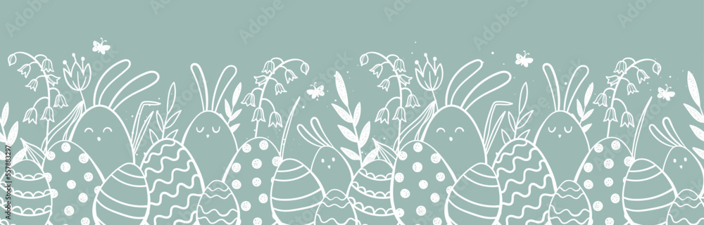 Cute hand drawn Easter horizontal seamless pattern with bunnies, flowers, easter eggs, beautiful background, great for Easter Cards, banner, textiles, wallpapers - vector design - obrazy, fototapety, plakaty 