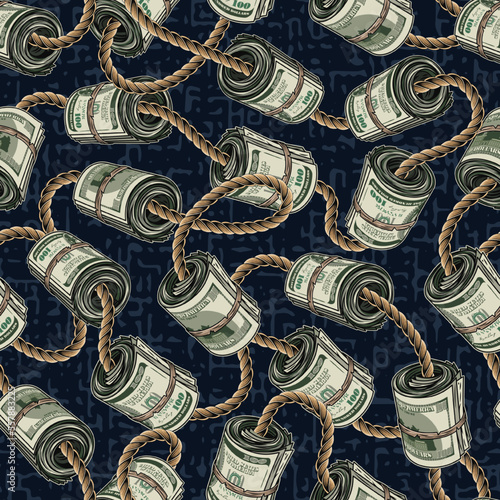 Money seamless pattern with rolls of 100 dollars bills bounded by jute rope on dark blue grunge background with small abstract particles like blobs, stains. Detailed vintage vector illustration
