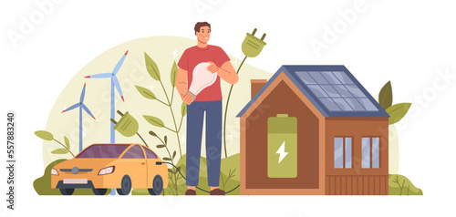 Electric car, green energy saving house with solar panels, flat cartoon vector illustration. Green energy saving house, modern eco private smart home technology. Electric car charging station