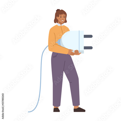Energy saving, woman with cord, socket plug. Vector flat cartoon illustration of female connecting plug in or cable, disconnected cable, energy resources saving concept