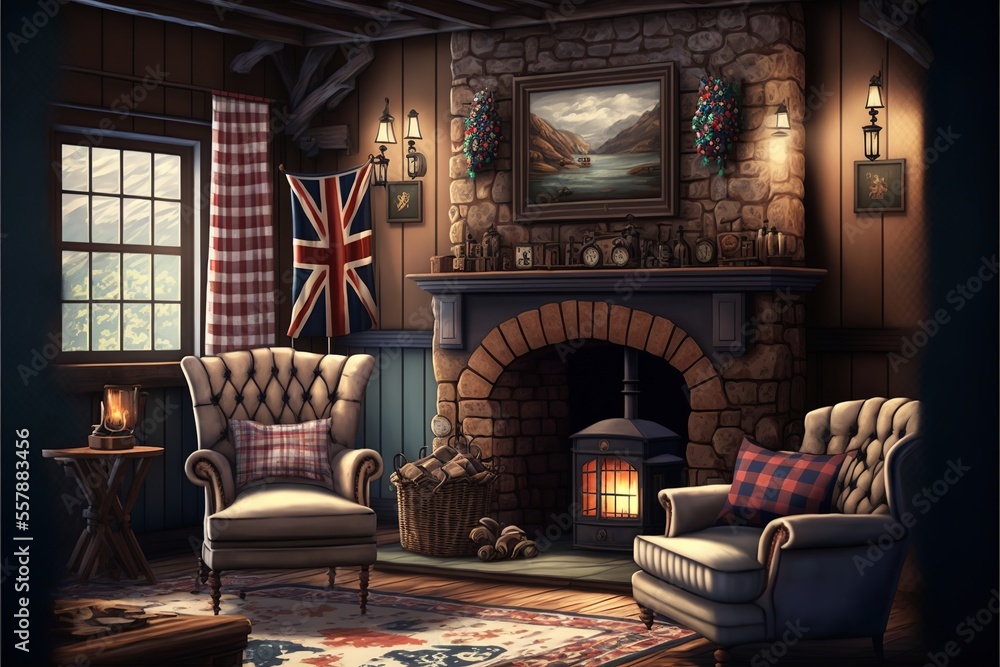 British cozy living room interior with a flag and fireplace