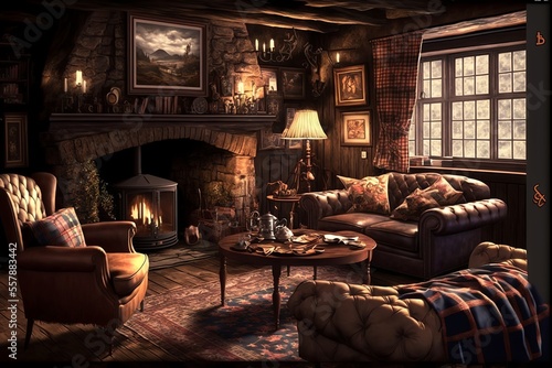 Cozy rustic wooden log cabin house interior,