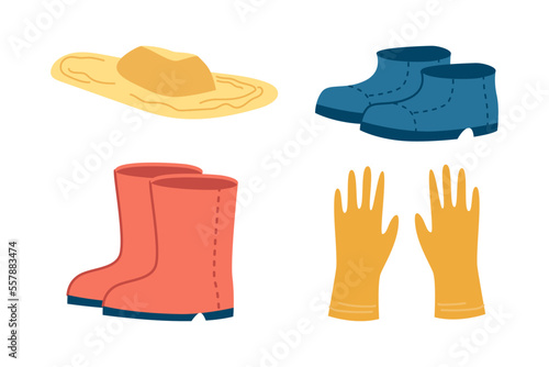Gardening and household equipment and clothes for working outdoors. Isolated wellingtons and boots, hat and rubber protective gloves. Vector in flat style
