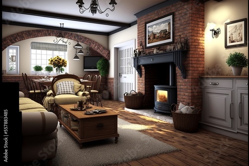 British style living room interior with fireplace 