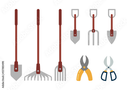 Instruments and tools for gardening, isolated equipment for caring for soil. Rake and spade or shovel, scissors for trimming and cutting. Vector in flat style