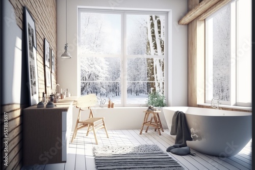 Cozy and bright minimalist and scandinavian bathroom interior with bathtub and wooden window