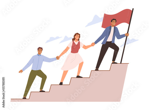 Boss or leader leading company in right direction, helping team members to copy with climbing ladder. Success and development. Flat cartoon character vector