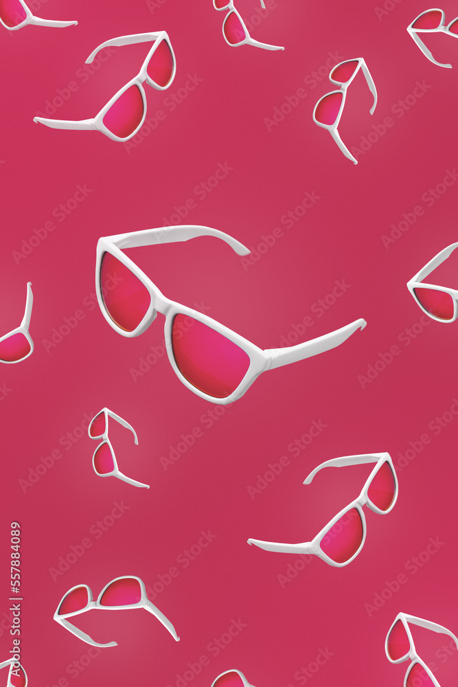 Pattern of magenta sunglasses flying over red background. Studio shot of modern sunglasses on Viva Magenta background. Pattern of magenta sunglasses flying over red background. Studio shot of modern sunglasses on Viva Magenta background.