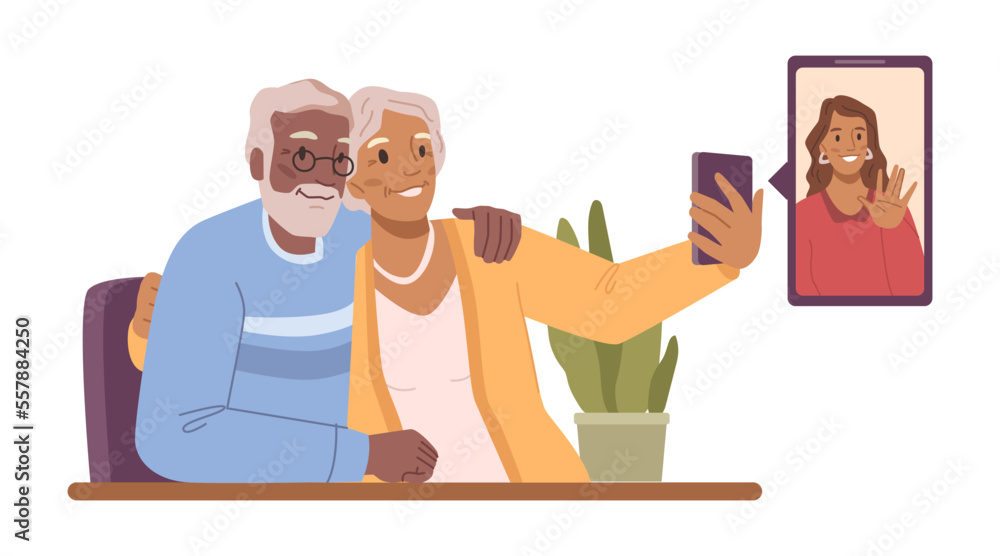 Pensioners couple using smartphone to talk online via video call. Isolated senior people with modern technologies and gadgets. Flat cartoon character vector