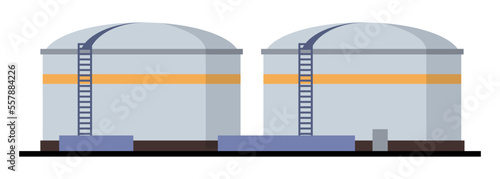 Gas station with storage of petroleum in cylinder containers with ladders. Industry and production of oil, fuel and petrol business. Vector in flat style