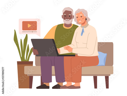 Pensioners using modern technologies and gadget for fun and entertainment. Watching video in internet on laptop, grandparents at home. Flat cartoon character vector