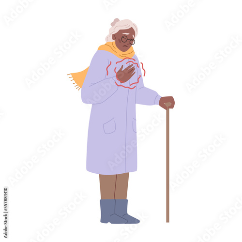 Angina or chest pain, heart attack or stroke of senior woman holding body part. Isolated grandmother with walking stick. Flat cartoon character, vector illustration