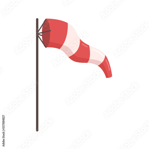Red and white stripe wind cone on pole for airport runway ground wind force and speed indication. Vector flat design cartoon style illustration of warning blowing windsock, windy weather air sock