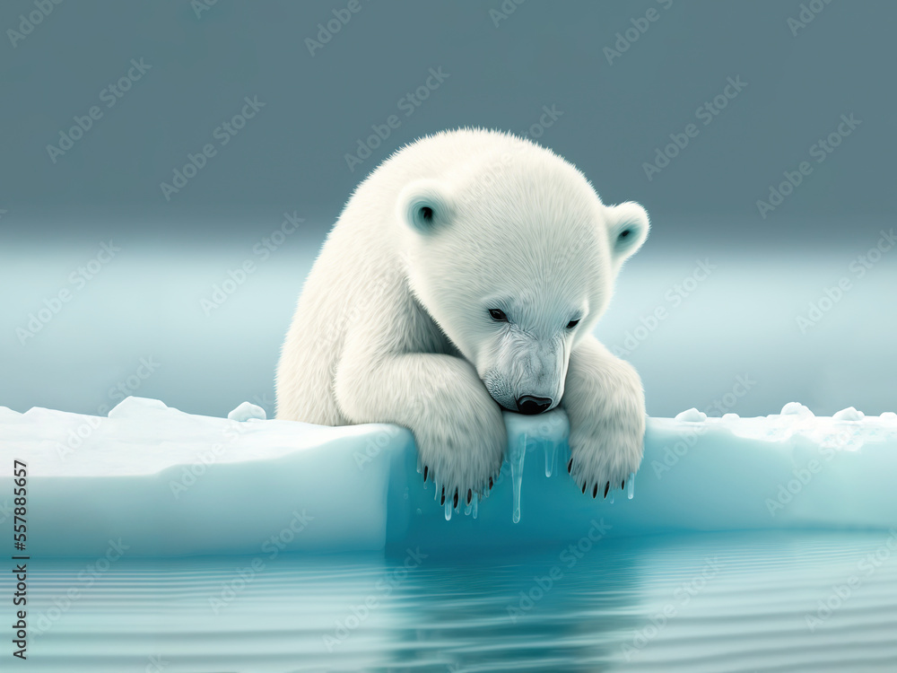 cub polar bear in iceberg with ice melting due to global warming. generative ai