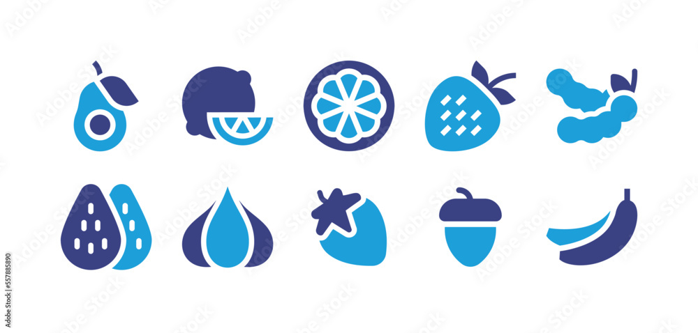 Fruit icon set. Duotone color. Vector illustration. Containing avocado, lime, orange, strawberry, tamarind, almonds, garlic, acorn, bananas.