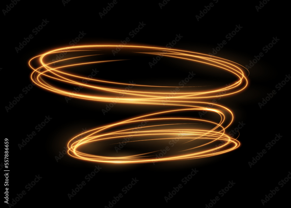 Light glittering tails isolated shimmering shiny swirls on black background. Vector golden glitter glow and sparkling flare spiral swirls. Abstract gold fire light effect waves Light glittering tails isolated shimmering shiny swirls on black background. Vector golden glitter glow and sparkling flare spiral swirls. Abstract gold fire light effect waves