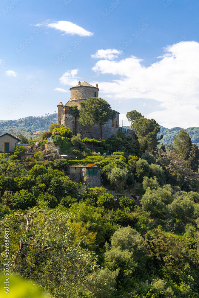 Brown Castle surrounded by green olive trees and plants in the middle of the summer. Castello Brown is a historic house museum located high above the harbour of Portofino, Italy.