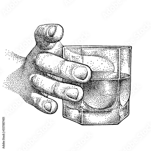 Whiskey glass in man hand. Sketch. Shot of rum, cognac, time to drink concept. Vector illustration for label, poster, invitation to party.