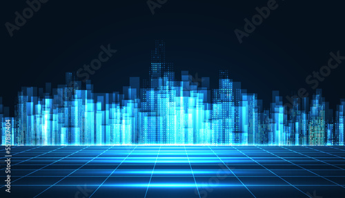 Cityscape on dark blue background with bright glowing neon. Technology city background