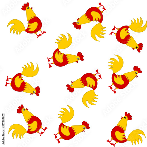 Paper pattern with yellow and red chickens on white background