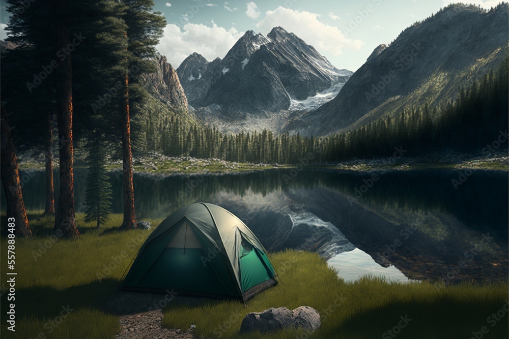 Landscape with camping tent, mountains and forest in background. Digital illustration. AI