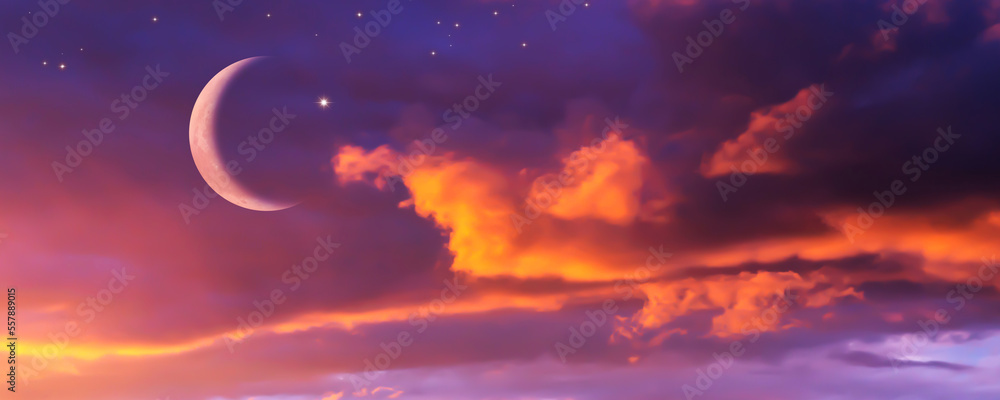 Fototapeta premium magic ramadan sky with crescent moon star and evening sun, eid mubarak ramadan kareem, islamic holiday celebration concept with copy space