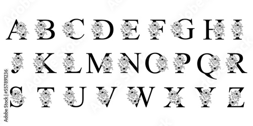 Floral Alphabet. Letters with flowers, leaves and branches. Hand drawn roses and anemones. Letters for monograms or logos. Perfect for greeting card, birthday, logo, wedding invitations.
