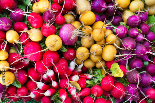 Fresh colourful radish on a local market selling regional organic food
