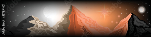 Panoramic fantastic night mountain landscape, sun, moons and stars