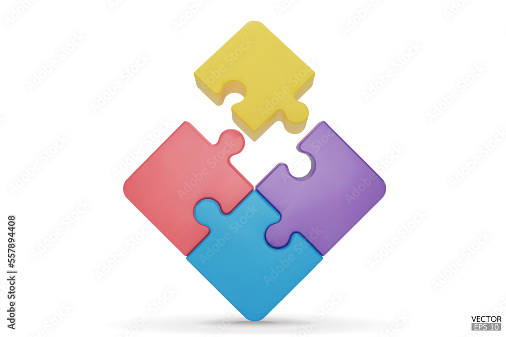 Puzzle pieces icon isolated on white background. Colorful jigsaw puzzle cube, strategy jigsaw business, and education. Puzzle, jigsaw, incomplete data concept. 3d vector illustration. Puzzle pieces icon isolated on white background. Colorful jigsaw puzzle cube, strategy jigsaw business, and education. Puzzle, jigsaw, incomplete data concept. 3d vector illustration.