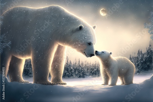 Polar bear and her cub. AI
