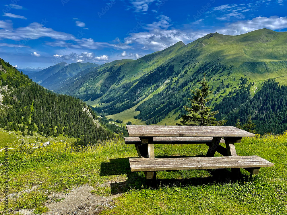 Wooden bench in the mountains