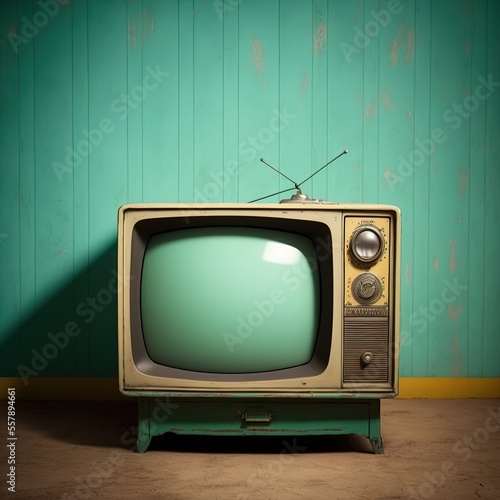 Vintage television on a painted wall background. AI