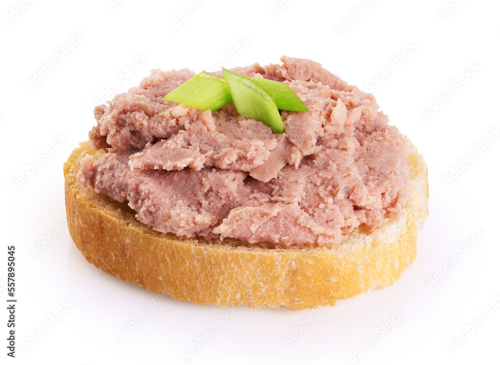 Toast with meat pate and onions isolated on white background. With clipping path.