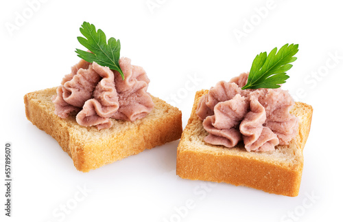 Croutons with meat pate and parsley isolated on white background. With clipping path.