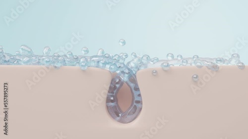 Cleaning pore, Water and bubble cleaning oil on skin and remove bacteria in pore hole. Acne prevent and Shrink pore concept. 3D rendering.